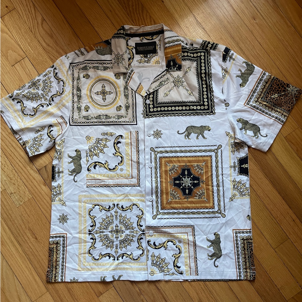 Baroque Gold Leopard Chain Print Button Up Shirt XL Luxury Streetwear